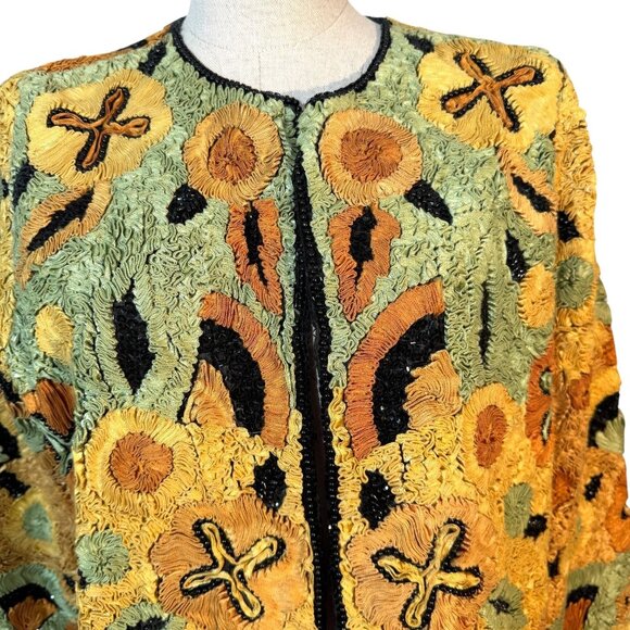 VTG Womens Floral Beaded Jacket Green Orange Black Long Sleeve Ribbon Embroidery - Picture 2 of 6